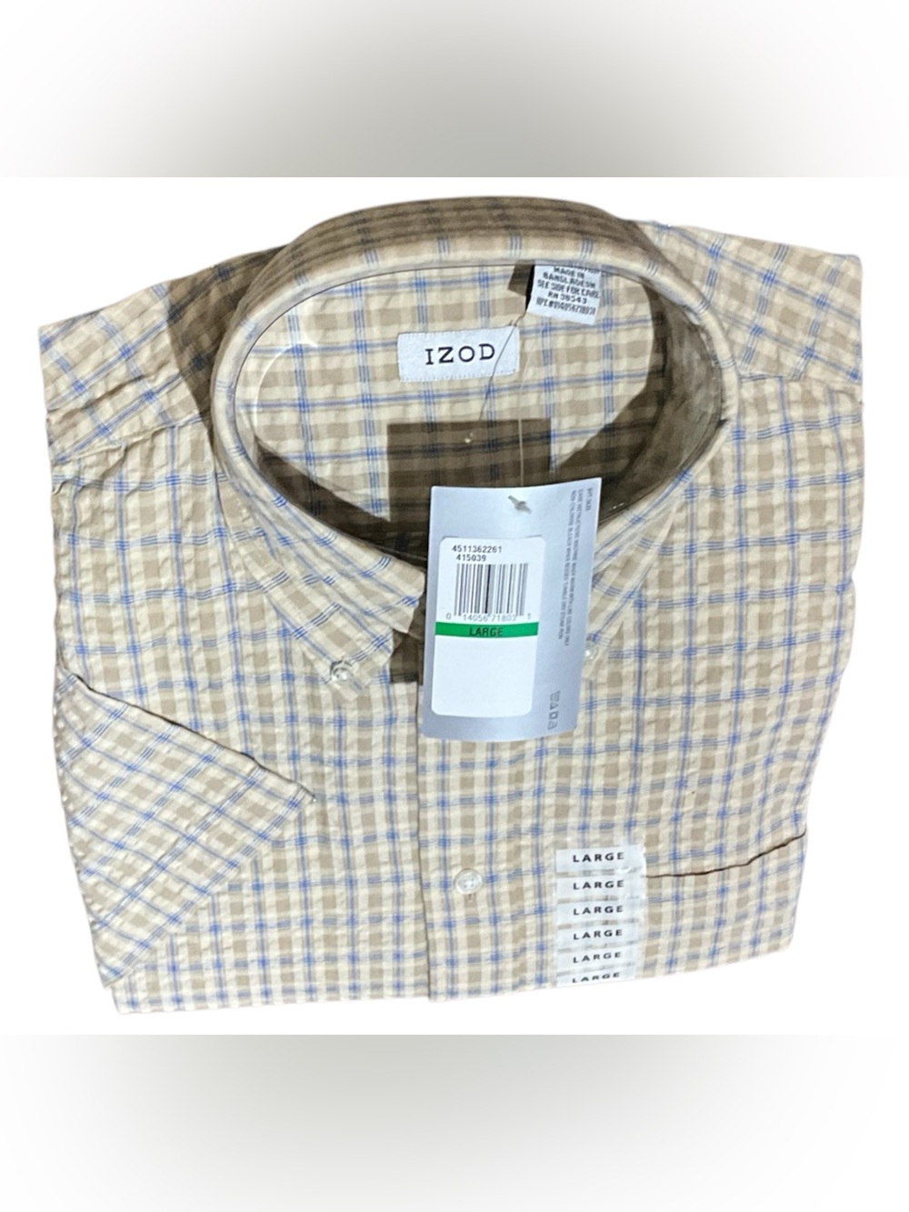 IZOD Mens Large Plaid Seersucker Shirt 100% Cotton Short Sleeve NWT
